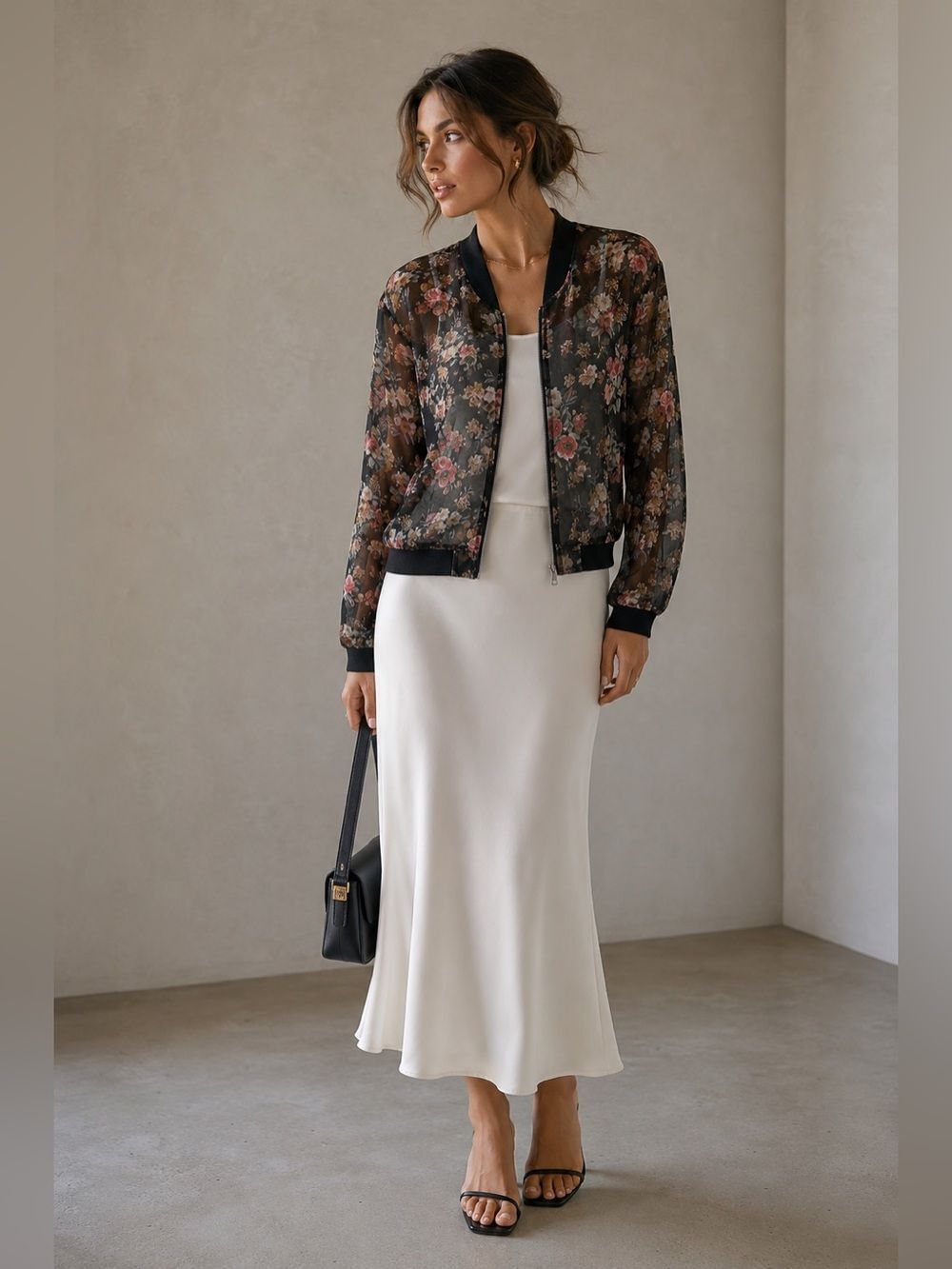 Stradivarius Chaqueta Bomber Floral Print Size M Black Pink Zip Transparent